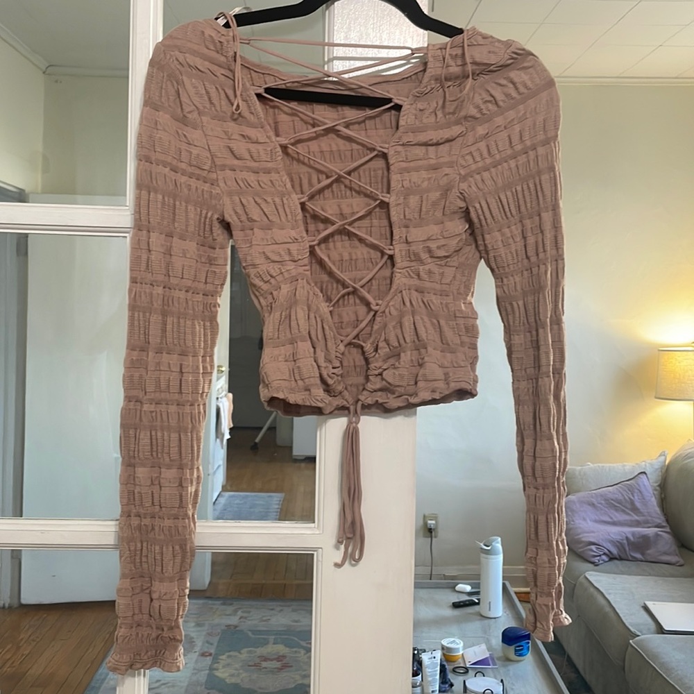 Free people tan lacy up back crop top